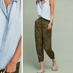 ANTHROPOLOGIE Green Jacquard Joggers Floral Brocade Pants‎ Size Medium